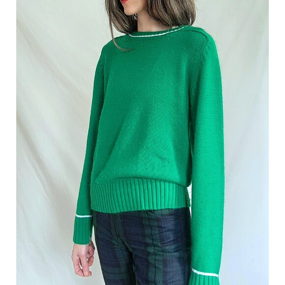 Vintage 1960s 70s Kelly Green Acrylic Knit Crewneck Sweater, Women's Medium - Picture 3 of 8